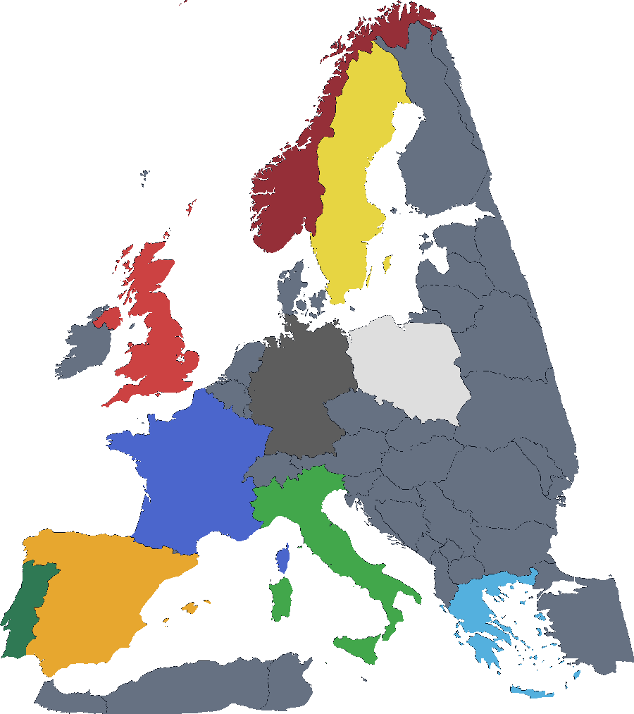 Carte de l'Europe avec les dix pays jouables en couleur